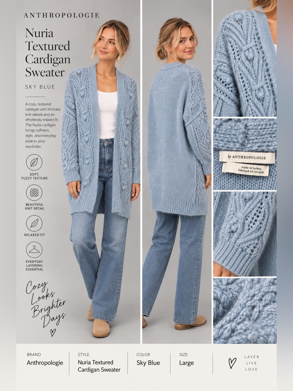 Anthropologie Nuria Textured Cardigan Sweater Large Sky Blue Fuzzy Knit
